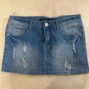 On Twelfth Rhinestone Distressed Denim Mini Skirt Size 29 Y2K Studded Jean Skirt